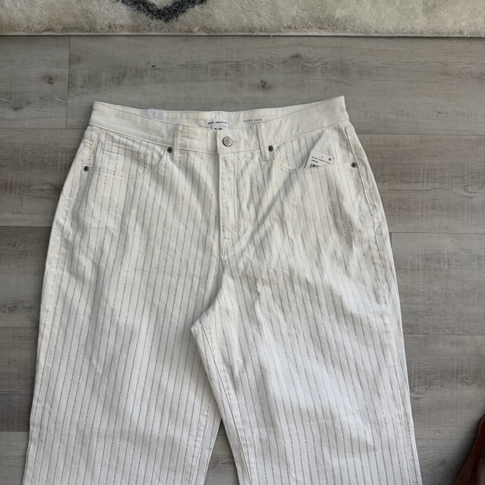 Good American White rhinestone Pinstripe Wide Leg Jeans - Picture 6 of 9